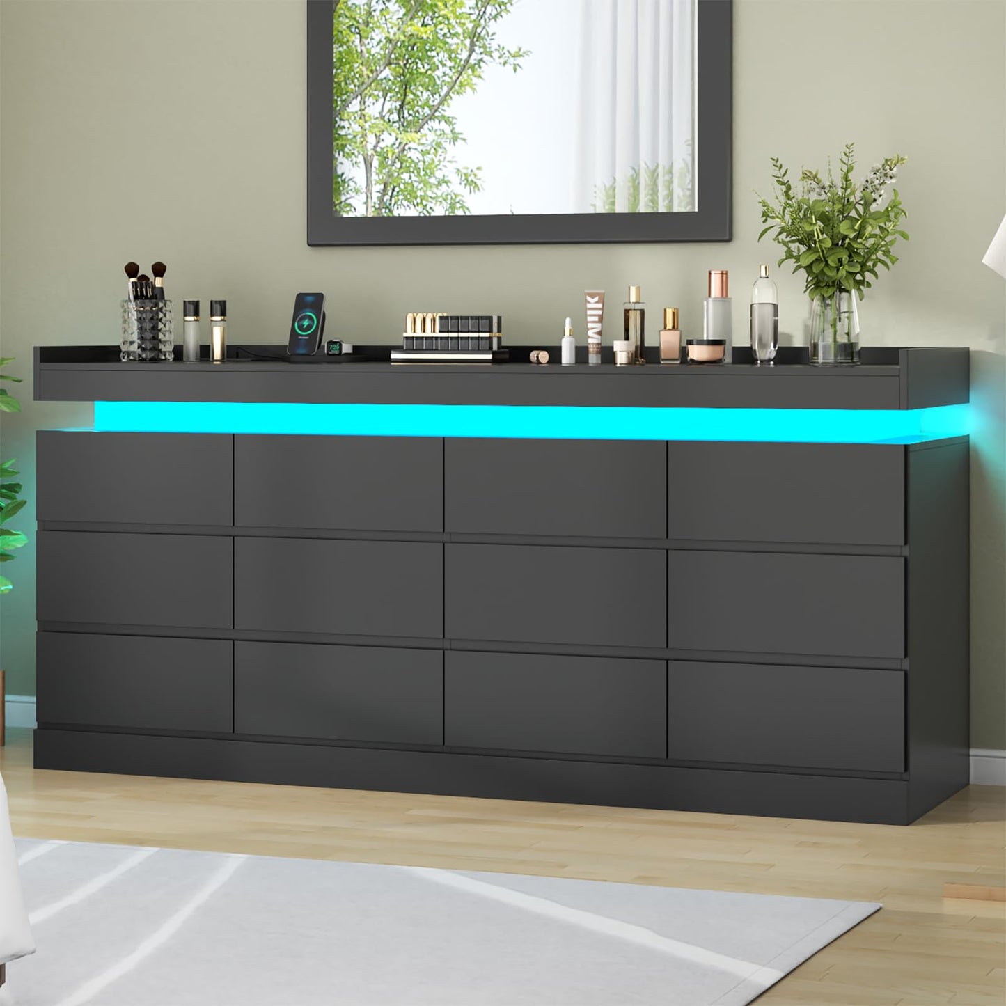 Extra Large 6 Drawer Dresser with 12 Compartments, Dresser with Power Outlet & LED Light, Modern Chest of Drawers, Double Wide Drawer Organizer Cabinet for Bedroom, Living Room, Entryway (White)