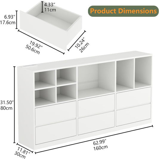 6 Drawers Dresser with 7 Storage Cubbies, LED Chest of Drawers with Power Outlet, 63" Triple Wide Long Dresser Organizer for Bedroom, Modern TV Stand with Open Shelf for Living Room, Entryway (White)