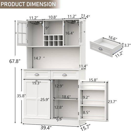 Kitchen Pantry Cabinet with Trash Can Storage, White Kitchen Hutch with Power Outlet & LED Light, Tall Bar Cabinet with Drawers & Wine Rack & Microwave Stand, Modern Pantries for Home (White)