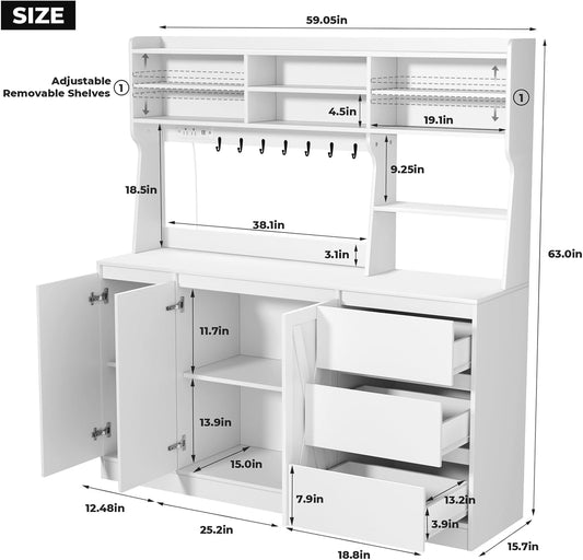 Farmhouse Kitchen Pantry Cabinet with Power Outlet & LED Light, Large Coffee Bar Cupboard with Microwave Stand, 3 Doors & 3 Drawers, 7 Cup Holders & 8 Open Cubbies, Adjusted Shelves (White)