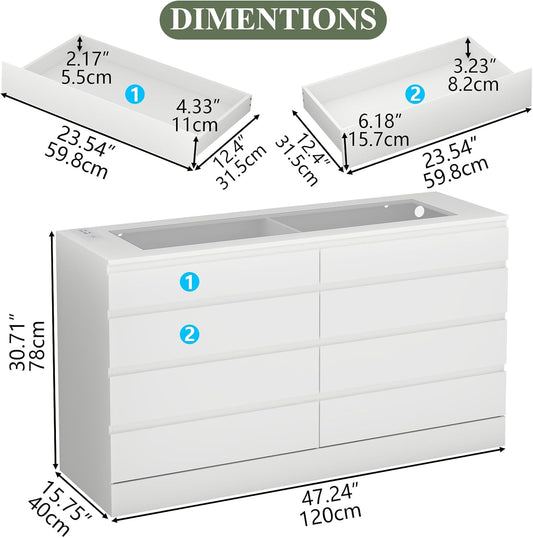 8 Drawer Dresser with Power Outlet, White Dresser for Bedroom Chest of Drawer with Glass Top & LED Light, Modern Double Wide Drawer Organizer Cabinet for Living Room (White)