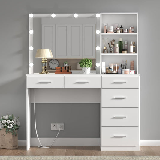 39 Inches White Vanity Desk with Lights, 6-Drawers Makeup Vanity Table with Power Strip and Storage Shelves, Dressing Table with Lighted Mirror for Women Girls