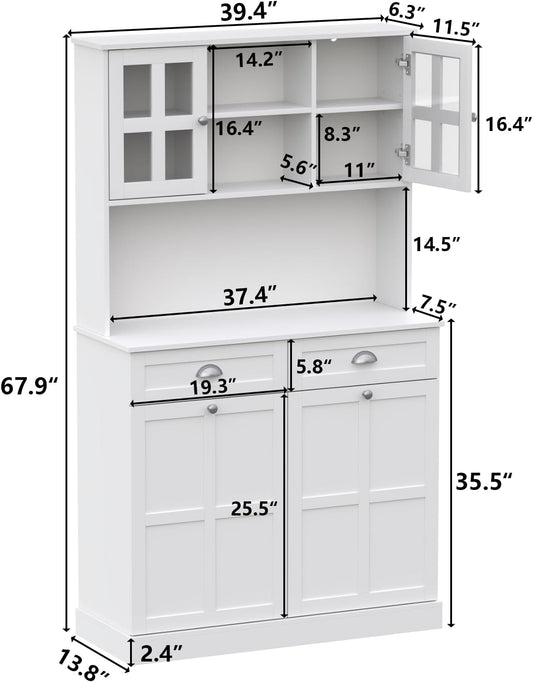 Kitchen Pantry Cabinet with Double Tilt Out Trash Cabinet, 68" Tall Storage Cabinets with 2 Drawers & Hutch, 20 Gallon Hidden Trash Can Cabinets, Kitchen Cupboard with Microwave Coffee Stand