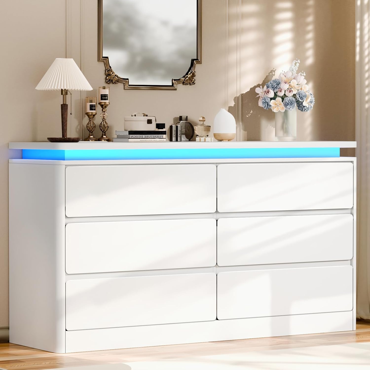 dresser white long 6 Drawer White Dresser for Bedroom, 47.2" Long Chest of Drawers with C