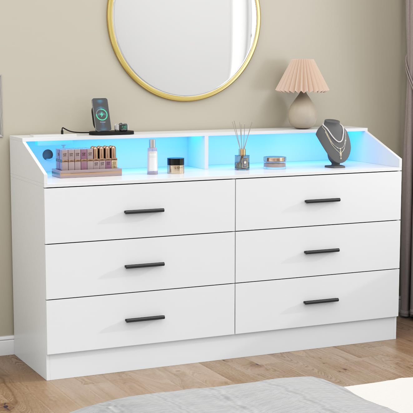 6 Drawer Dresser for Bedroom with Charging Station, Dresser with LED Light, Chest of Drawers for Closet, Modern Dressers with Open Storage Cubby, Double Wide Dressers (White, 6 Drawers)