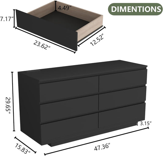 6 Drawer Dresser with Power Outlet, Floating White Dresser Chest of Drawer with LED Light,Modern Double Wide Drawer Organizer Cabinet for Bedroom,Living Room (Black)