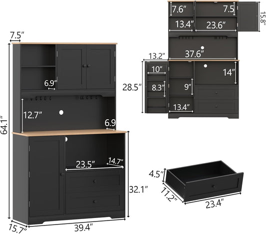 Kitchen Pantry Storage Cabinet,Freestanding Buffet Cabinet with Wine Glass Holder and 2 drawers,Food Pantry with Doors and Shelves,Tall Kitchen Hutch with Microwave Stand for Kitchens (Black)
