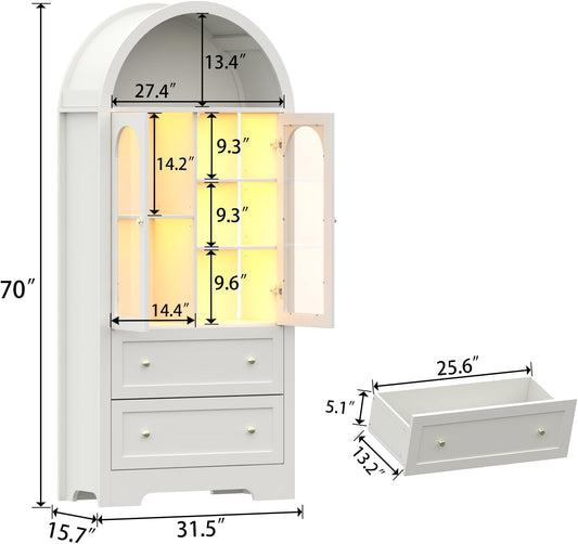 70" Tall Arched Bookcase with LED Lights, Modern Curved Cabinet with Glass Door, Arched Bookshelf Cabinet with 2 Storage Drawers, Display Storage Cabinet with Adjustable Shelves for Living Room,White