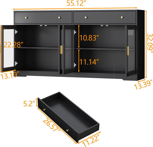 Sideboard Buffet Cabinet with LED Lights, 55.1 Storage Cabinet with 2 Large Drawers & 4 Glass Doors, Modern Kitchen Display Cabinet with Adjustable Shelves, Coffee Bar for Kitchen Living Room (Black)