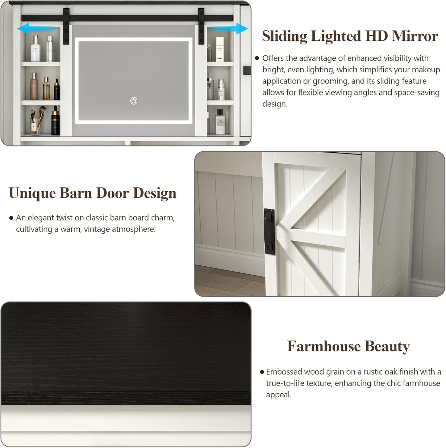 Farmhouse Makeup Vanity Desk with Sliding Mirror and Lights, 42" White Vanity Set with Charging Station & 2 Drawers & 2 Cabinets, Dressing Table for Bedroom (White)