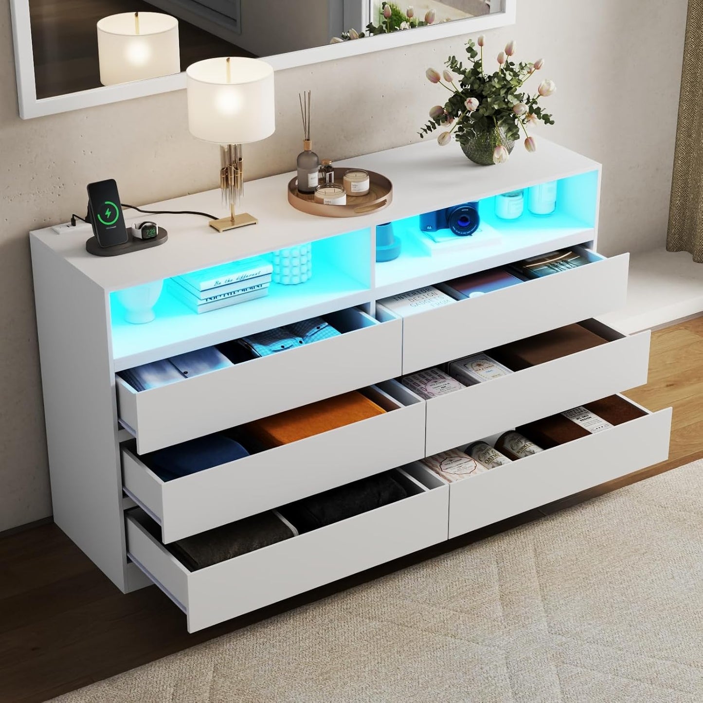6 Drawer Dresser with Mirror for Bedroom, Accent Chests of Drawers with LED Light and Power Outlet, White 6 Dresser with Charging Station and 47"x15.7" Full Length Mirror (White)