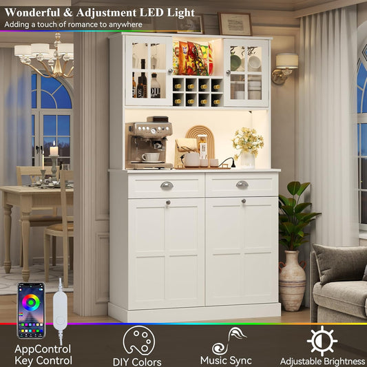 Kitchen Pantry Cabinet with Trash Can Storage, White Kitchen Hutch with Power Outlet & LED Light, Tall Bar Cabinet with Drawers & Wine Rack & Microwave Stand, Modern Pantries for Home (White)