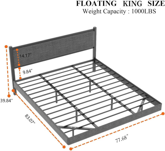 King Floating Bed Frame with LED Light, Modern Upholstered Platform Bed Frame with Double Beams, No Box Spring Needed, Innovative Stable Structure, Easy Assemble (Grey, King (U.S. Standard))