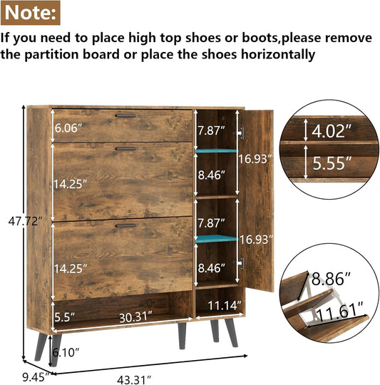 Shoe Storage Cabinets, 16 Pairs Free Standing Shoe Organizer with 2 Flip Drawers for Entryway, Narrow 3 Tier Entryway Hidden Shoe Rack with Doors (Upgraded Rustic)