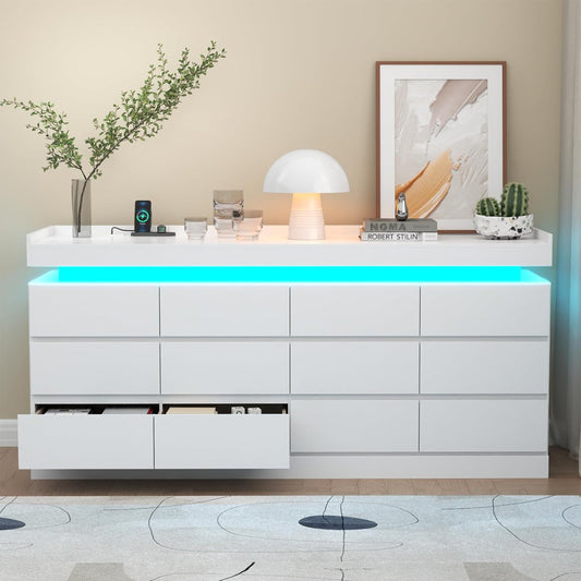 Extra Large 6 Drawer Dresser with 12 Compartments, Dresser with Power Outlet & LED Light, Modern Chest of Drawers, Double Wide Drawer Organizer Cabinet for Bedroom, Living Room, Entryway (White)