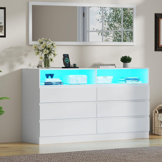 6 Drawer Dresser with Mirror for Bedroom, Accent Chests of Drawers with LED Light and Power Outlet, White 6 Dresser with Charging Station and 47"x15.7" Full Length Mirror (White)
