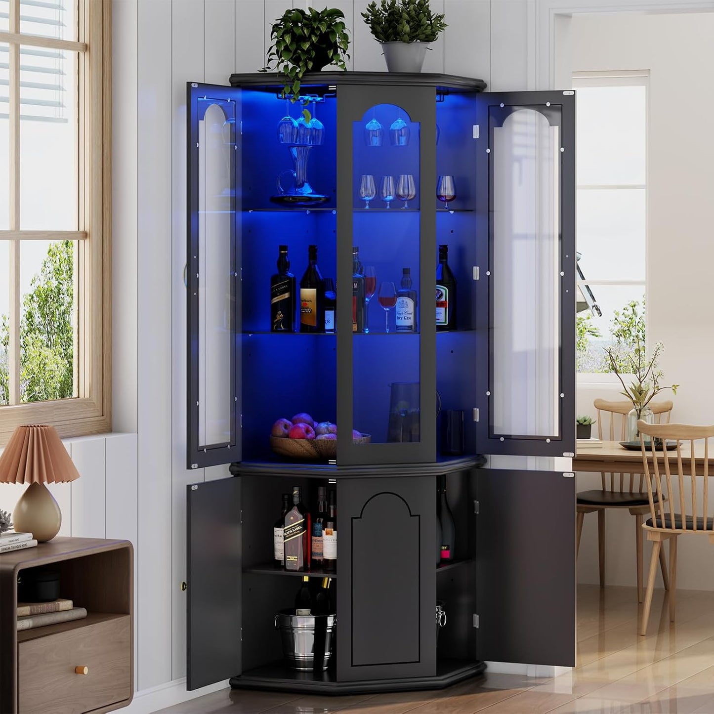 Corner Bar Cabinet w/LED Lights, Tall Modern Wine Cabinet with Tempered Glass Door & Adjustable Shelves, Home Bar Liquor Storage Cabinet with Glass Rack for Living Room, Dining Room (Black)
