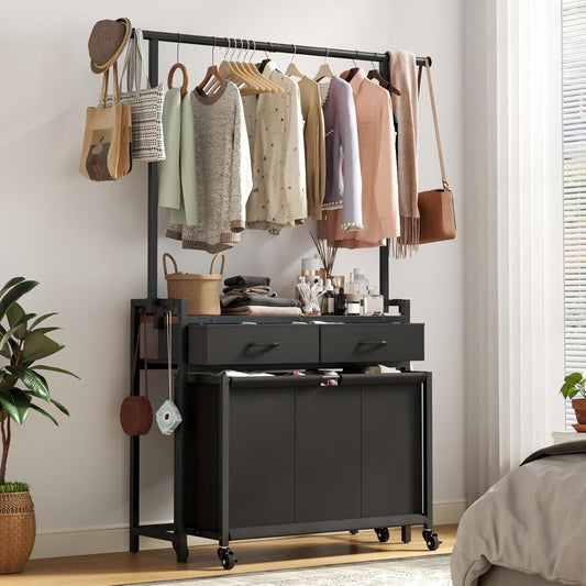 Laundry Sorter Hamper with Hanging Cloth Rack, Laundry Basket with 3 Section Pull-Out Rolling Bags, Laundry Sorter for Organization and Storage with 2 Drawers for Laundry Room (Vinatge Brown)