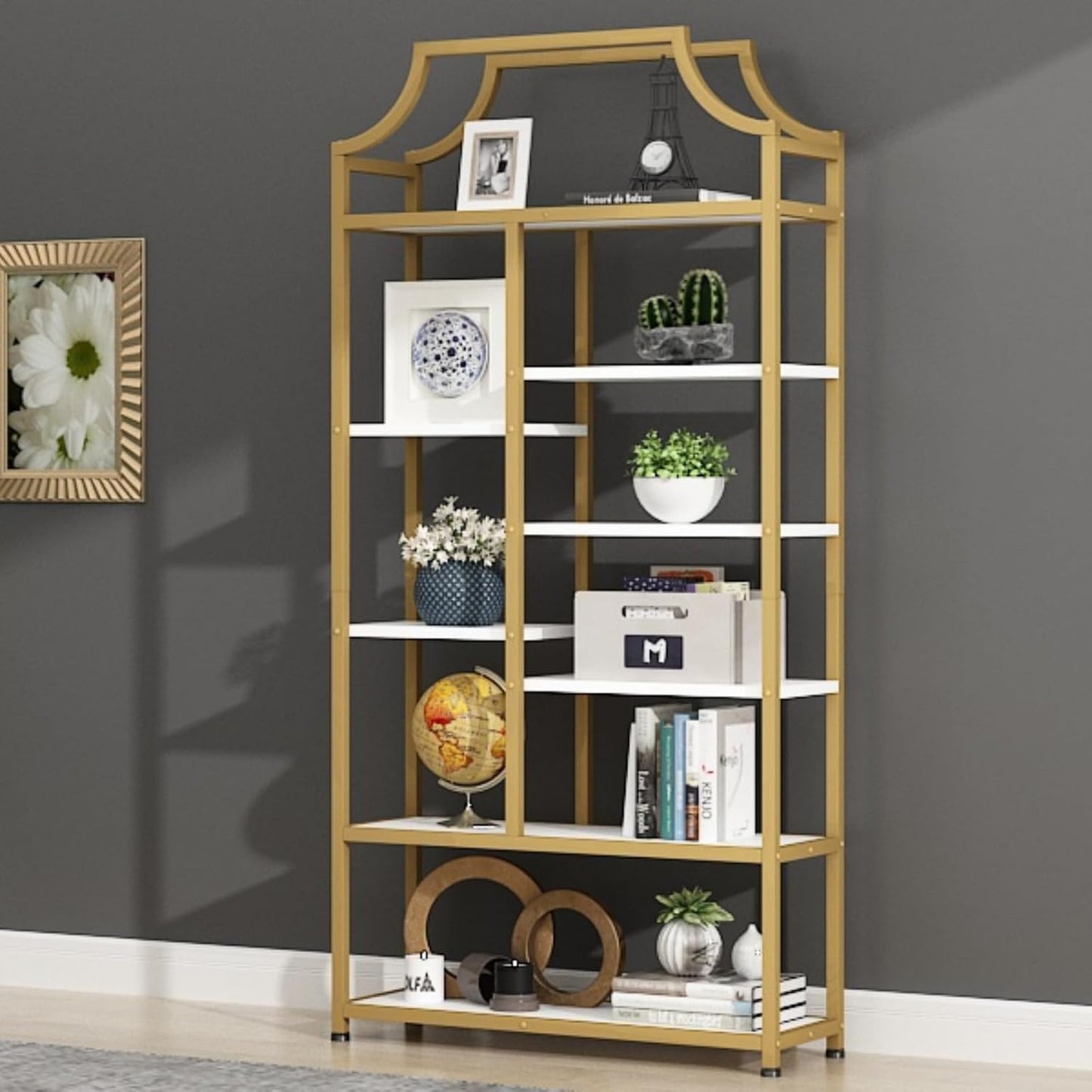 Lux Etagere 8-Tier Open Shelf Bookcase – 70.87" H x 31.5" L, Modern Metal Frame with Gold Finish & White Shelves, Tall Storage Display for Bedroom, Home Office & Living Room (Gold)