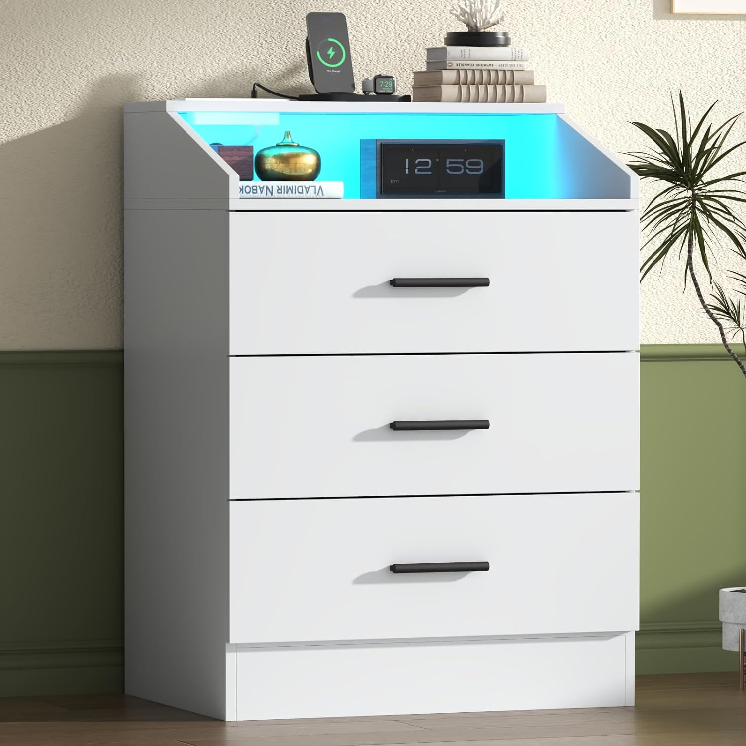 3 Drawer Dresser for Bedroom with Power Outlet, White Dresser with LED