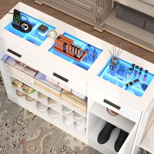 Wardrobe Armoire Closet with Charging & LED Light,Walk-in Closet Island Dresser with Glass Showcase,3 Drawers & Doors, Modern Storage Display Cabinet with Bench for Bedroom,Fitting Room & Shops(White)