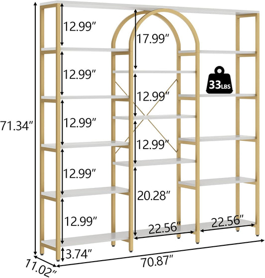 Triple Wide Gold Bookshelf, 70.87" W x 71.34" H Large Modern Etagere Bookcase, Tall Display Shelf with 13-Tier Open Shelves, Freestanding Staggered Storage Shelf for Home Office (White/Gold)