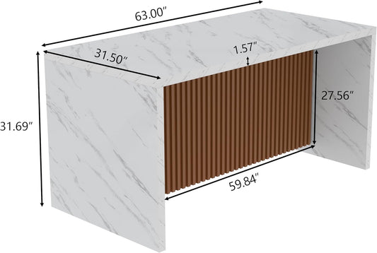 63" Large Imitation Marble Dining Table for 4-6 People(Patent Pending), Island Table with LED Lights, Mordern Marble Stripes Kitchen Dining Table with Grille design for Dining Room,Living Room,White