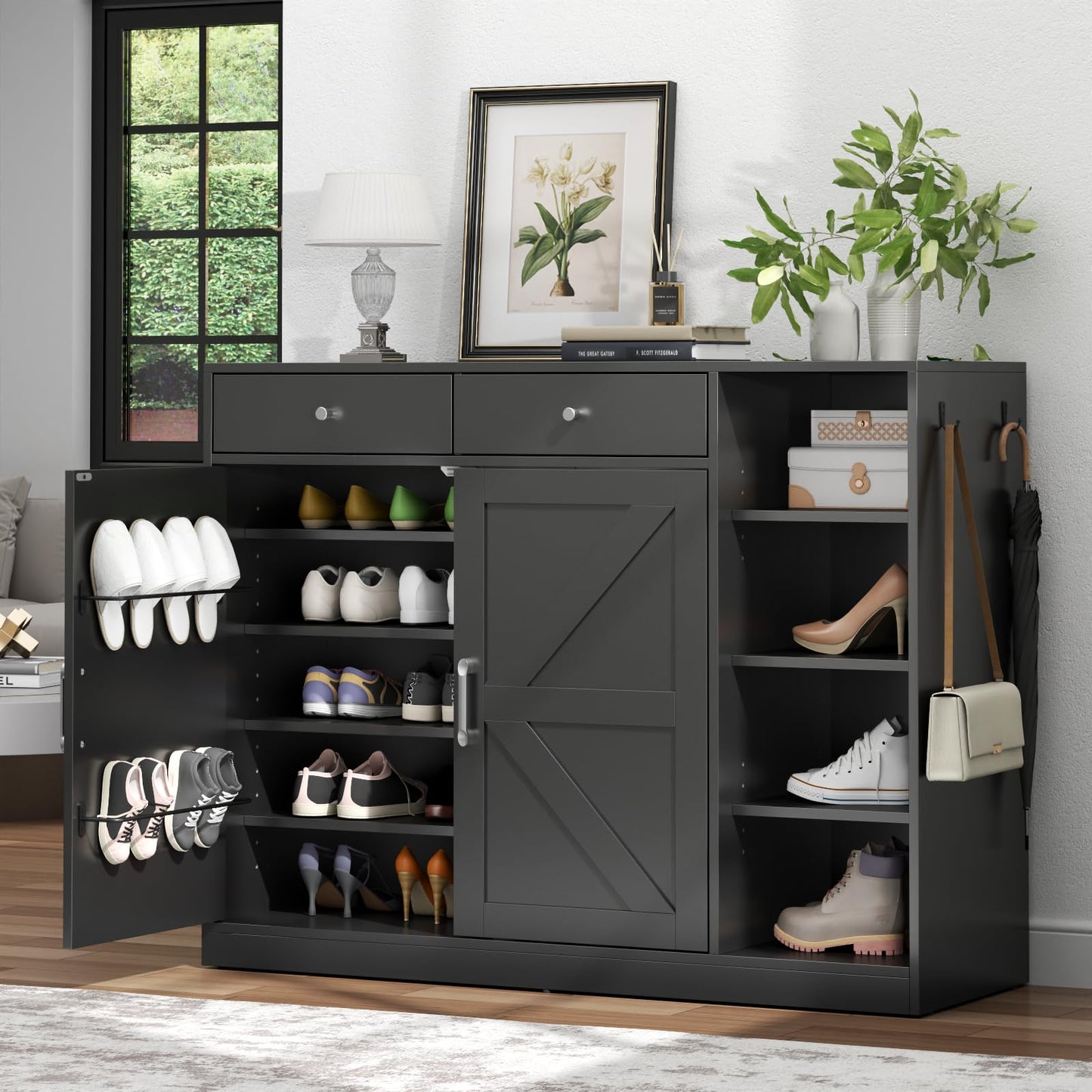 Loomie 5-Tier Shoe Cabinet with 4 Side Cubbies, Farmhouse Shoe Rack Cabinet with 6 Adjustable Shelves & 2 Drawers, Freestanding Shoe Storage Cabinet with 4 Brackets & 2 Hooks for Entryway (White)