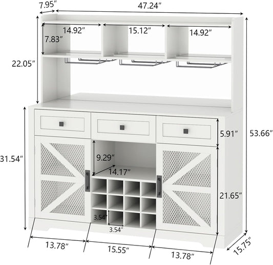 Farmhouse Wine Bar Cabinet with LED Lights, Kitchen Coffee Bar Cabinet with Acrylic Mirror, Wine & Glass Rack, Storage Shelves and 3 Drawers (2-Tier Hutch)