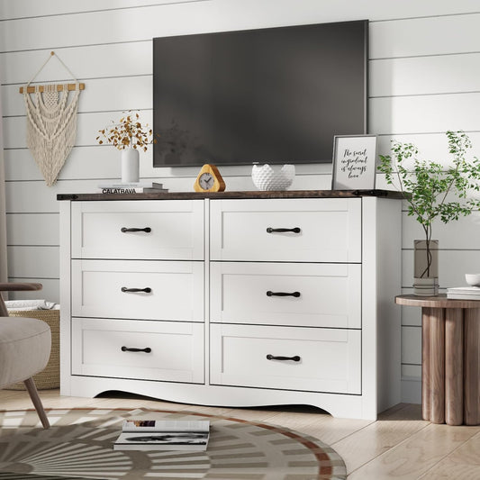 Farmhouse Dresser for Bedroom, Chest of Drawers with Natural Texture, Accent Storage Cabinet for Closet,Living Room (White, 15.7" D x 46.4" W x 30.8" H(6 Drawers))