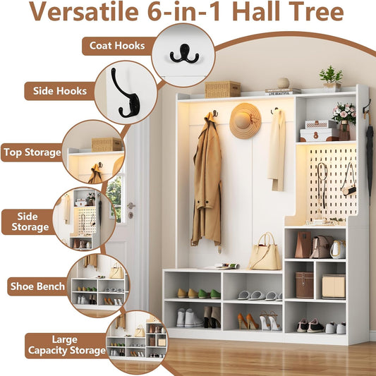 Hall Tree with Shoe Storage, Entryway Bench with Coat Rack & LED Lights, Modern Hall Trees with 9 Cubbies & 5 Hooks, Mudroom Coat Rack Cabinet, White