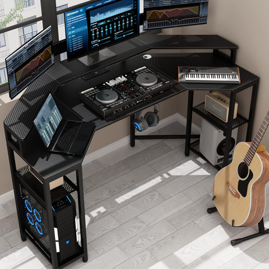 63" Computer Desk with Power Outlet & LED Light, Wing-Shaped Gaming Desk with Shelves, Full Monitor Stand,Wireless Charging,RGB Mouse Pad,Headphone Hook, Home Office Desk (Black)