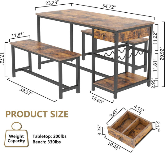 Dining Table Set for 4-6 People, 54.7" Kitchen Dinner Table with 2 Bench, Dining Room Tables Set with Storage Drawer & Shelf, 3-Piece Breakfast Nook Tables with Wine Rack &Glass Holder (Rustic)