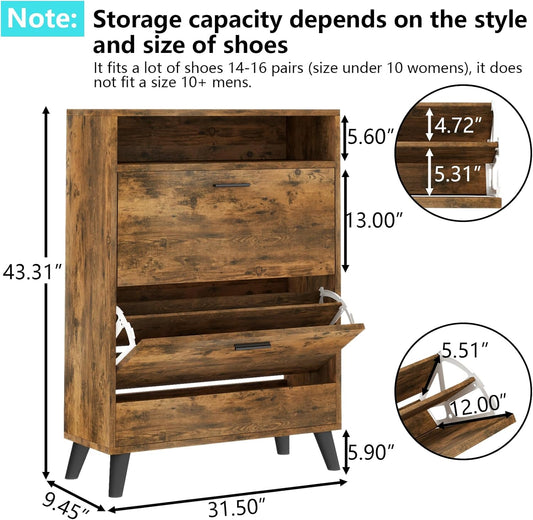 Entryway Shoe Storage Cabinet with 2 Flip Drawers, FreestandingShoe Organizer with Open Storage Space for Entryway, Narrow Shoe Rack Cabinet wih Rustic Brown Finsh (Rustic)