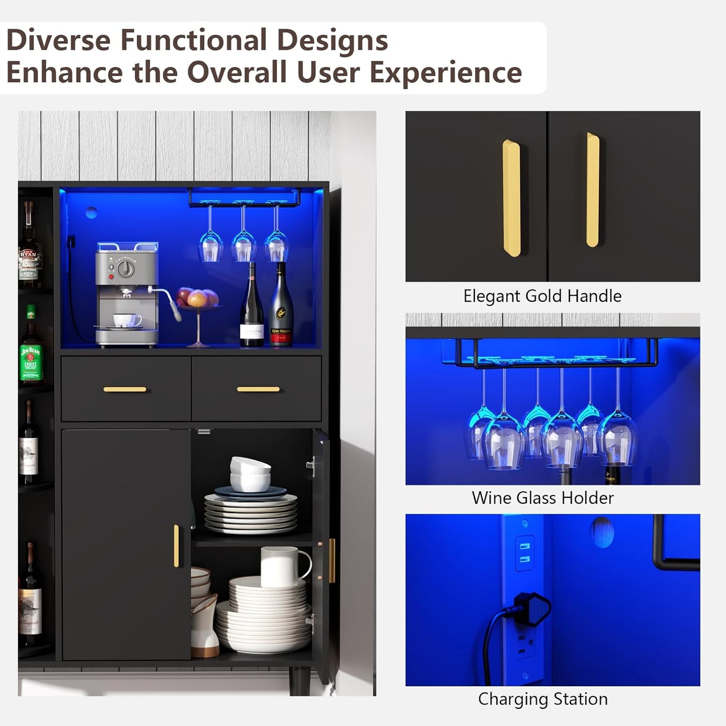 Kitchen Pantry Storage Cabinet with Charging Station and LED Lights, Freestanding Buffet Sideboards with Wine Glass Holder,Food Hutch Cabinet with Rotation 4-Tier Storage Rack for Kitchen(Black)