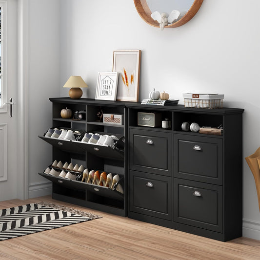 Shoe Cabinet with 4 Flip Drawers, Shoe Storage Cabinet for Entryway, Freestanding Hidden Shoe Cabinet Organizer with Open Storage, Slim Narrow Shoe Rack Cabinet (Black)