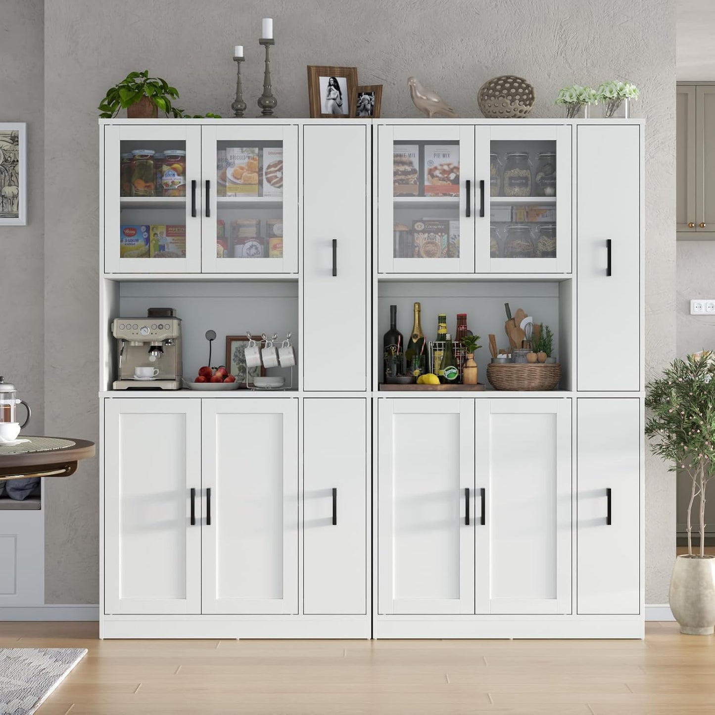 68" Tall Kitchen Pantry Cabinet with Side Drawer, Kitchen Pantry Storage Cabinet with Glass Door,Freestanding Food Hutch with Microwave Stand for Dining Room (White)
