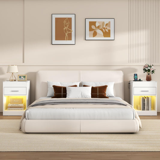 White Nightstand Set of 2 with Charging Station & RFID Lock Cabinet, Hidden Night Stand with LED Lights, Modern Bedside Table with Drawer & Valuables Storage, Secret Concealment Nightstand for Bedroom