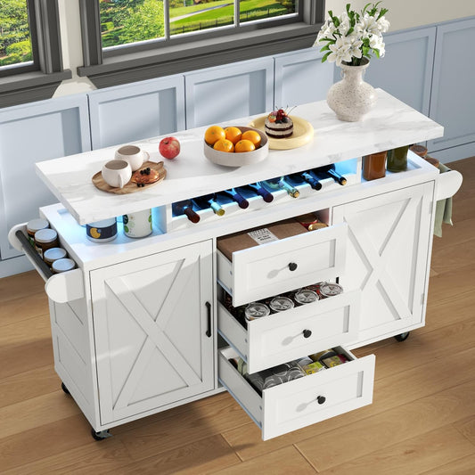 Kitchen Island with Storage, 55" Kitchen Island on Wheels with LED Lights & 3 Drawers,Rolling Kitchen Cart with Spice Rack & Towel Rack, Large Mobile Islands Table for Kitchen, White