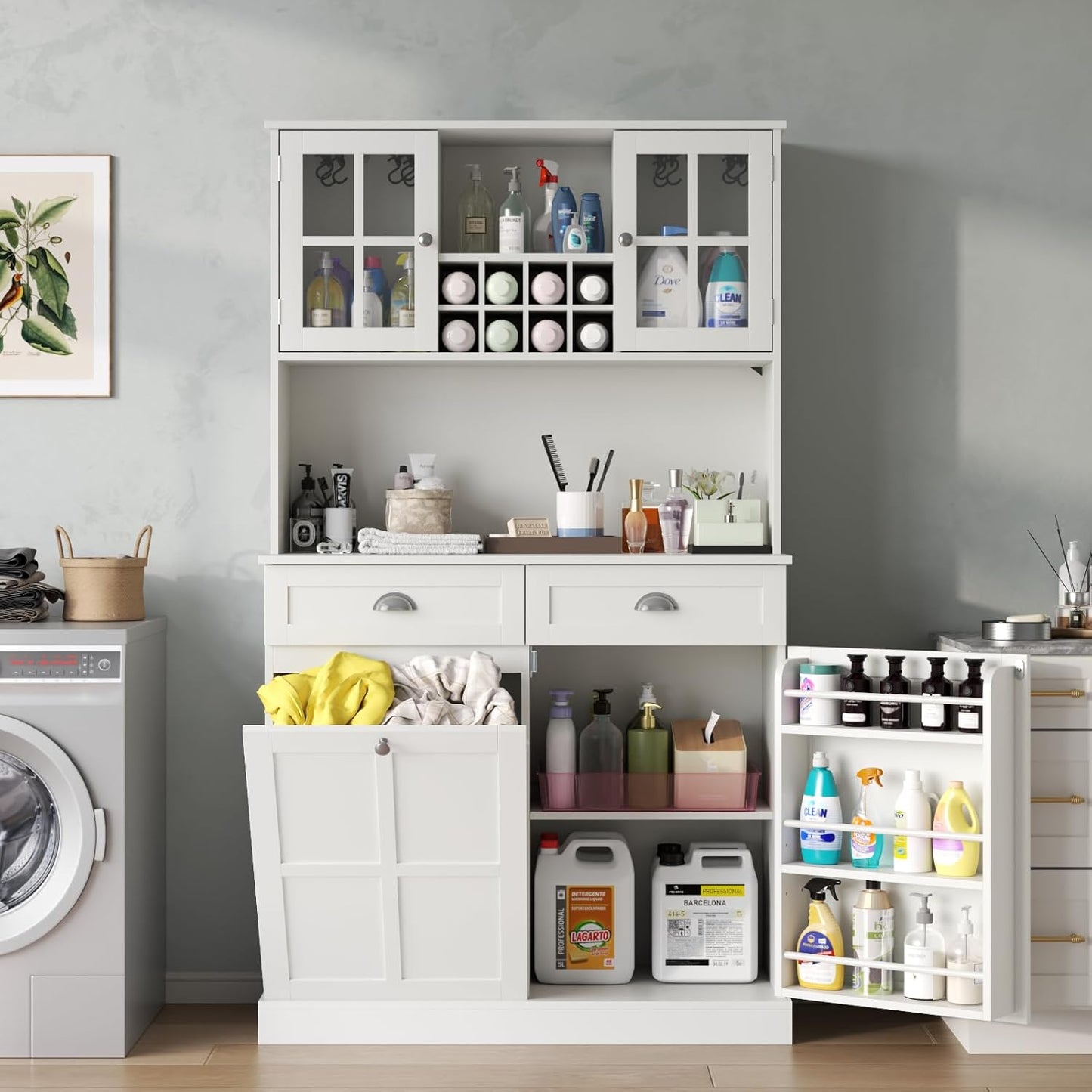 Kitchen Pantry Cabinet with Trash Can Storage, White Kitchen Hutch with Power Outlet & LED Light, Tall Bar Cabinet with Drawers & Wine Rack & Microwave Stand, Modern Pantries for Home (White)