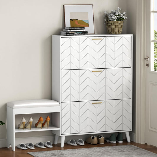 Shoe Storage Cabinet with 3 Flip Drawers, Shoe Cabinet with Bench & Open Shelf for Entryway, Freestanding Narrow Hidden Shoe Rack Organizer with Solid Wood Legs for Hallway (White)