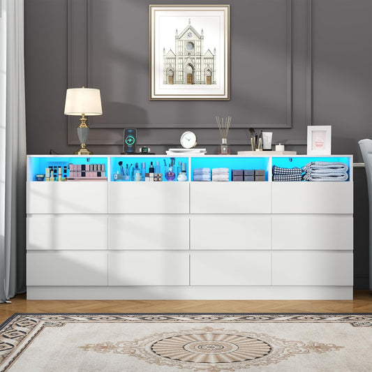 63" Wide 6-Drawer White Dresser with Divided Compartments, Charging Station & LED Lights, TV Stand for TVs up to 75", Large Organizer with 4 Open Cubbies