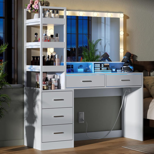 White Vanity Desk with Mirror and Lights, 8 Drawer Makeup Vanity Table with Glass Top, Power Outlets and RGB Lights, Women & Girls Dressing Table with Lighted Mirror(Stool Not Included)