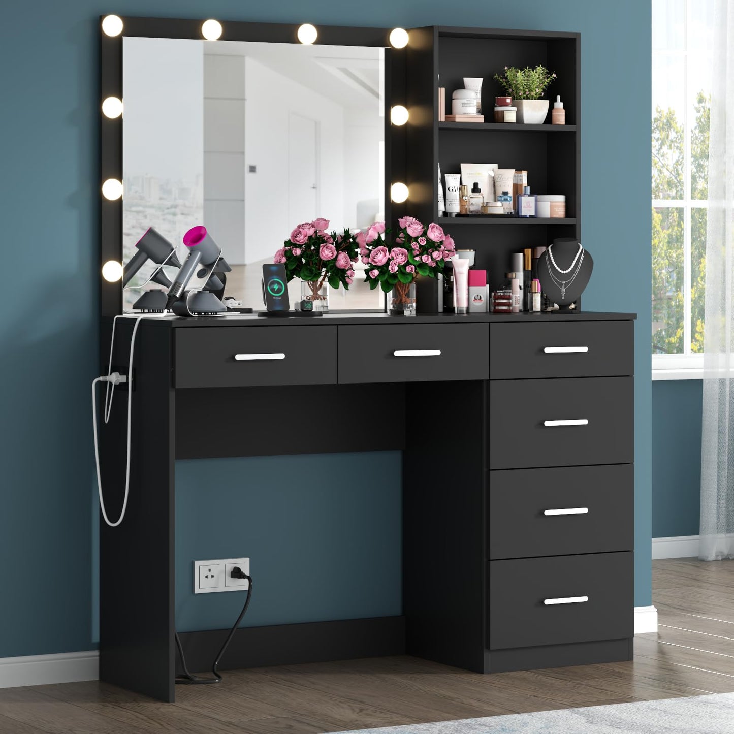 39 Inches White Vanity Desk with Lights, 6-Drawers Makeup Vanity Table with Power Strip and Storage Shelves, Dressing Table with Lighted Mirror for Women Girls
