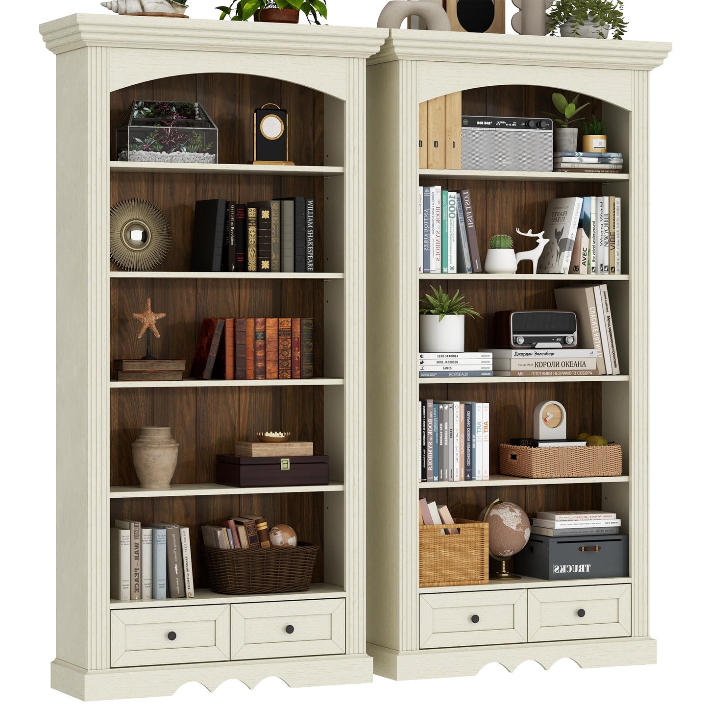 71’’ Tall Arched Bookcase with Stroage, Farmhouse 5-Tier Arch Bookshelf with Drawers, Freestanding Book Shelf with Adjustable Shelf and Roman Column Pattern for Home Office (1, White)