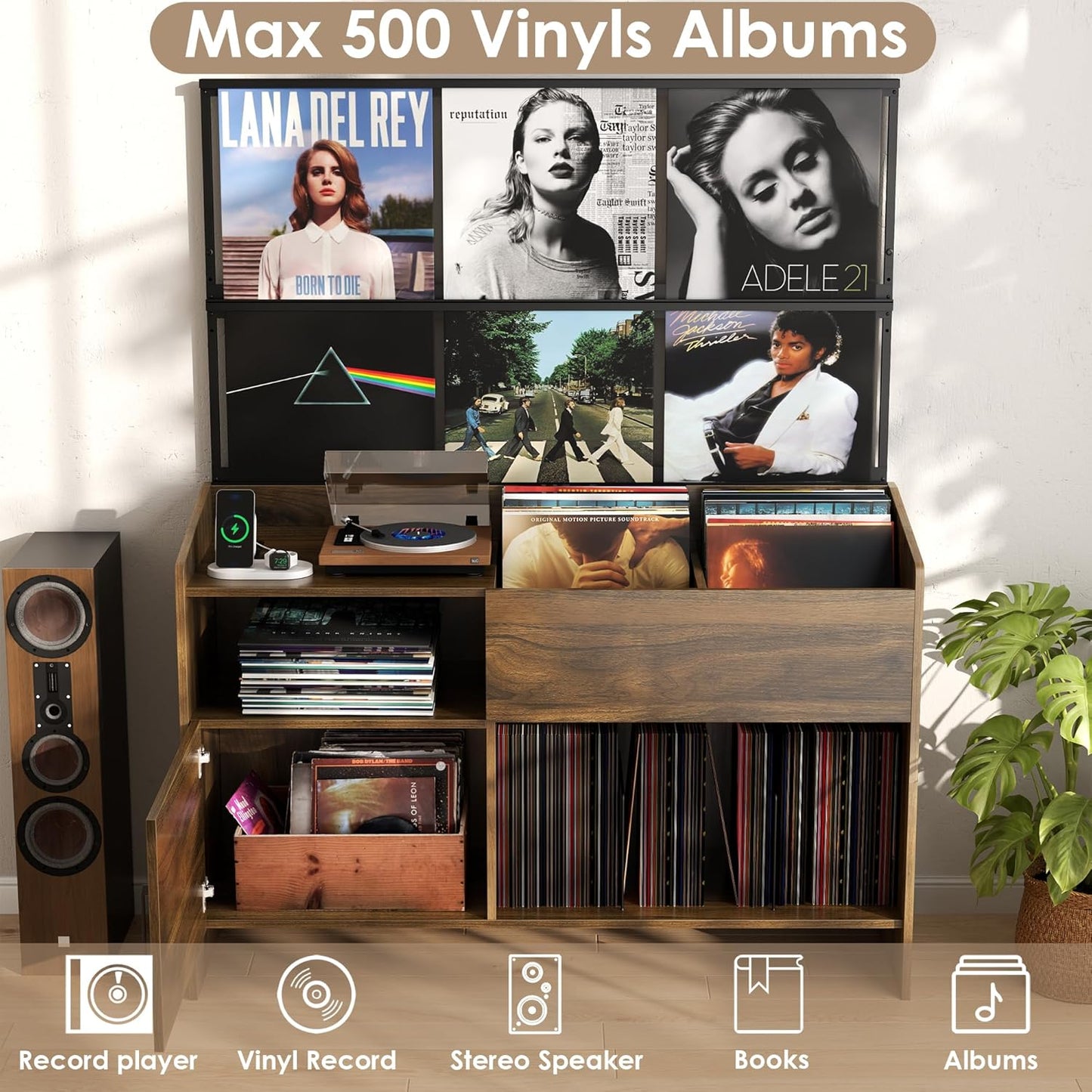 Upgraded Large Record Player Stand, Mid-Century Turntable Stand with Power Outlet, Large Record Player Table Holds Up to 500 Albums, Vinyl Storage Cabinet Display Shelf for Living Room (Walnut)