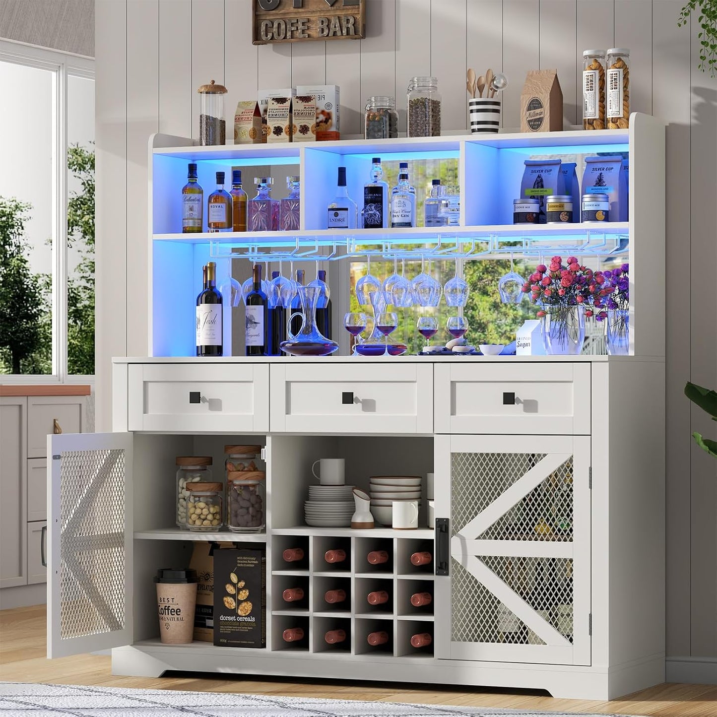 Farmhouse Wine Bar Cabinet with LED Lights, Kitchen Coffee Bar Cabinet with Acrylic Mirror, Wine & Glass Rack, Storage Shelves and 3 Drawers (2-Tier Hutch)