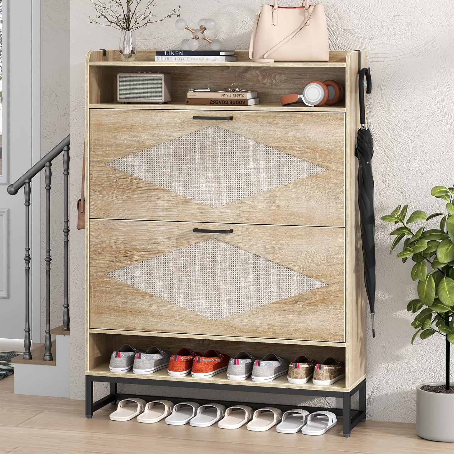 Shoe Cabinet with 2 Flip Drawers, Free Standing Shoe Storage Organizer Cabinet with Rattan Doors for Entryway, Narrow Shoe Rack Cabinet (Natural)