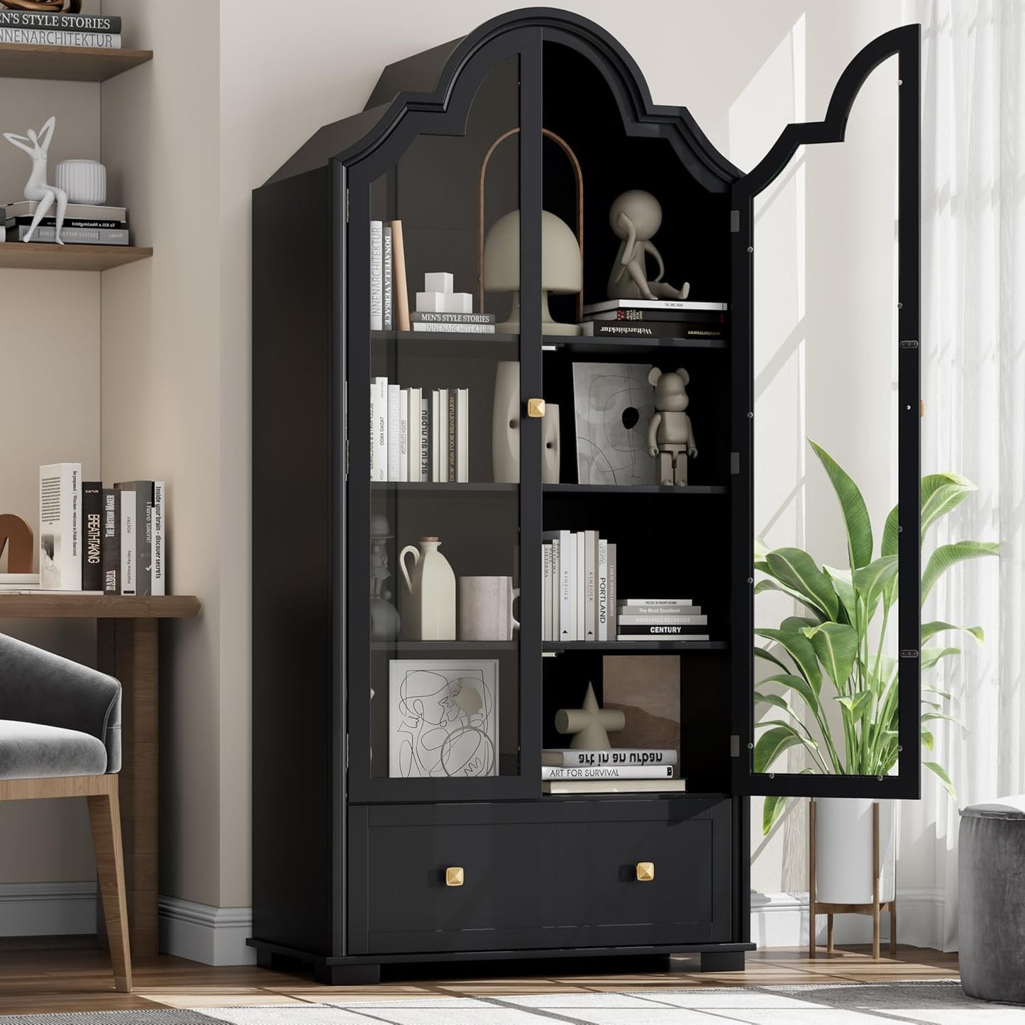 71" Tall Arched Cabinets, Bookcase with Storage, Mid-Century Modern 4-Tier Bookshelf with Glass Door, Display Cabinet with Large Drawer & Adjustable Shelf, Curved Pantry Cabinet, Black (Black)