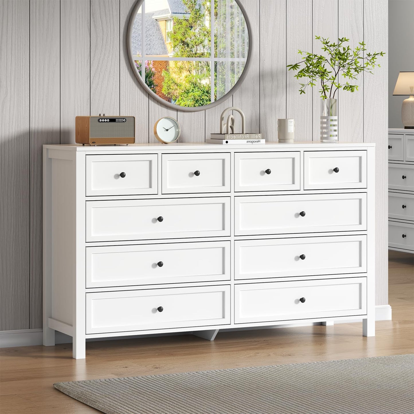 Farmhouse 7 Drawers Dresser for Bedroom, White Dresser Chest of Drawers, Wood Storage Dressers with Deep Drawers and Metal Handle, Wide Modern Dressers & TV Stand for Living Room, Closet, Hallway